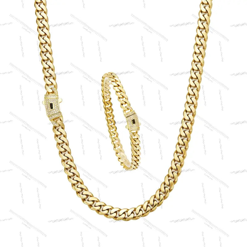 14K Gold Plated Cuban Necklace & Bracelet Set, Anti-Tarnish, 6/8/10/12/14mm