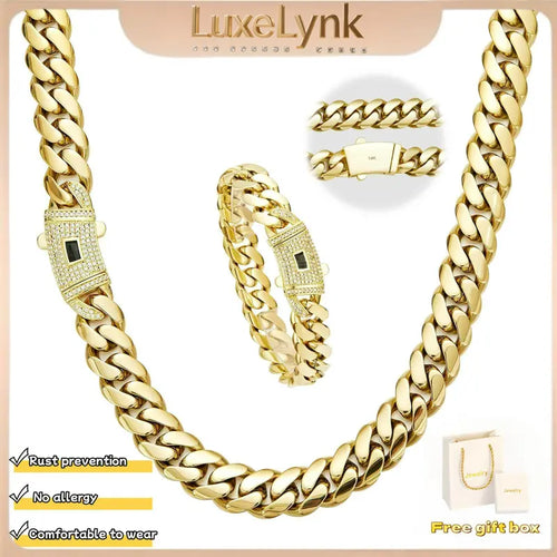 14K Gold-Plated Cuban Link Chain Necklace & Bracelet Set – 6–14mm