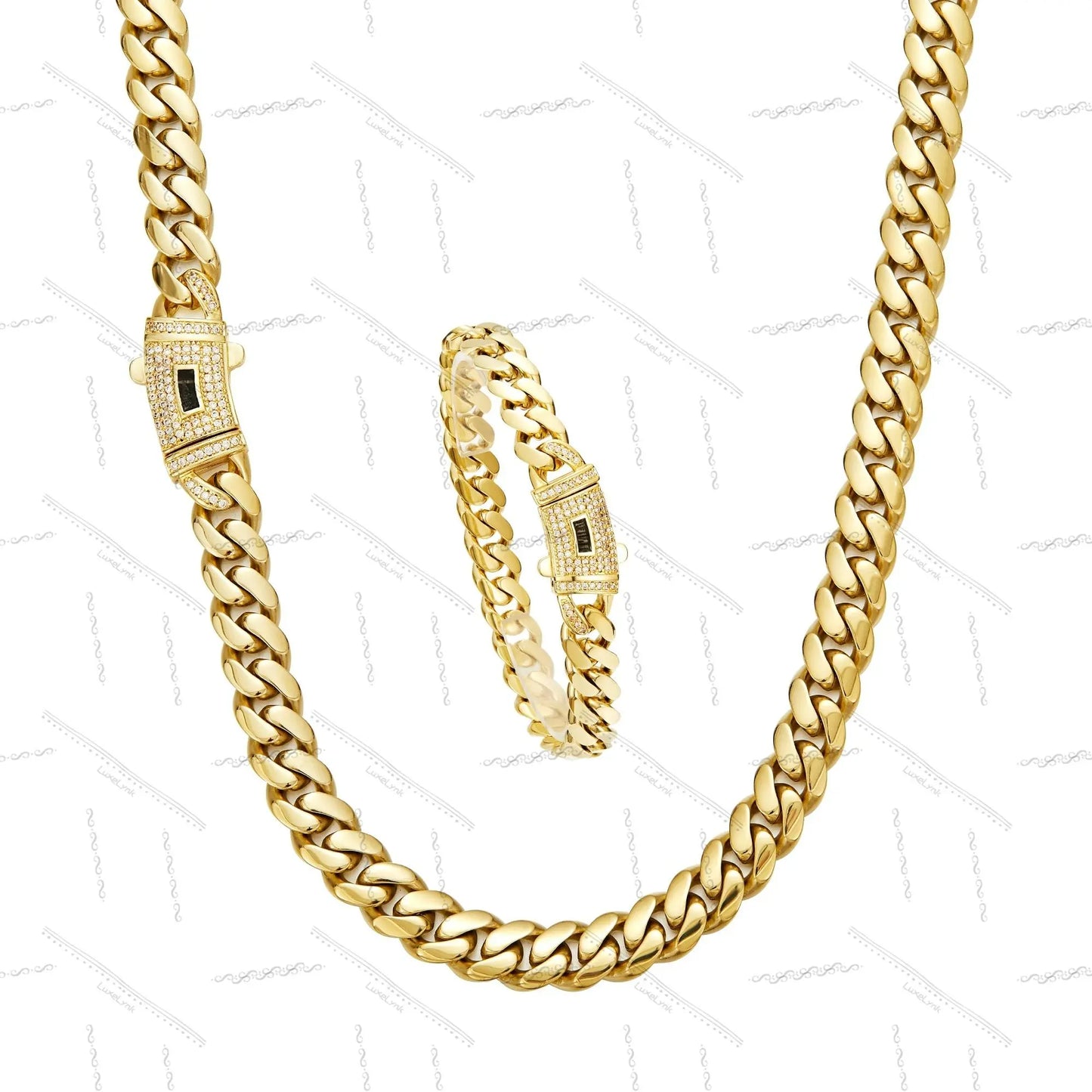 14K Gold Plated Cuban Necklace & Bracelet Set, Anti-Tarnish, 6/8/10/12/14mm