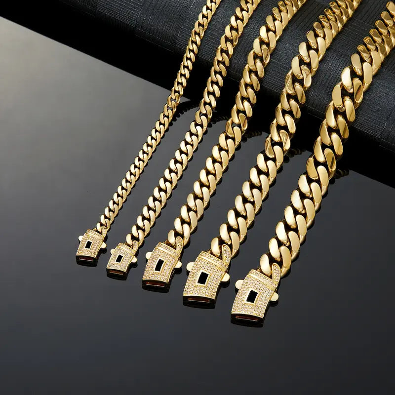 14K Gold Plated Cuban Necklace & Bracelet Set, Anti-Tarnish, 6/8/10/12/14mm