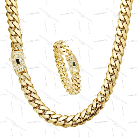 14K Gold Plated Cuban Necklace & Bracelet Set, Anti-Tarnish, 6/8/10/12/14mm